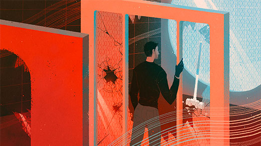 Illustration of a figure standing between broken orange walls and a blue unbreakable wall with a broken sledgehammer beside it